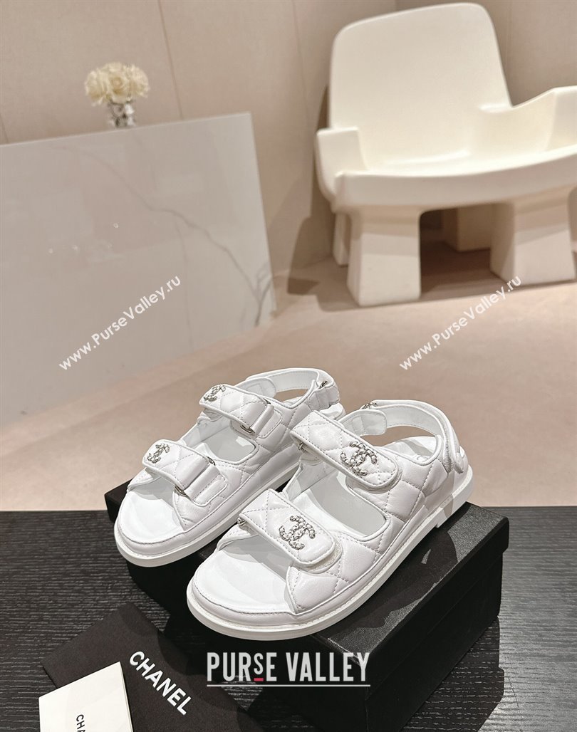 Chanel Quilted Lambskin Strap Flat Sandals with Chain CC Optic White 2024 0601 (MD-240601029)