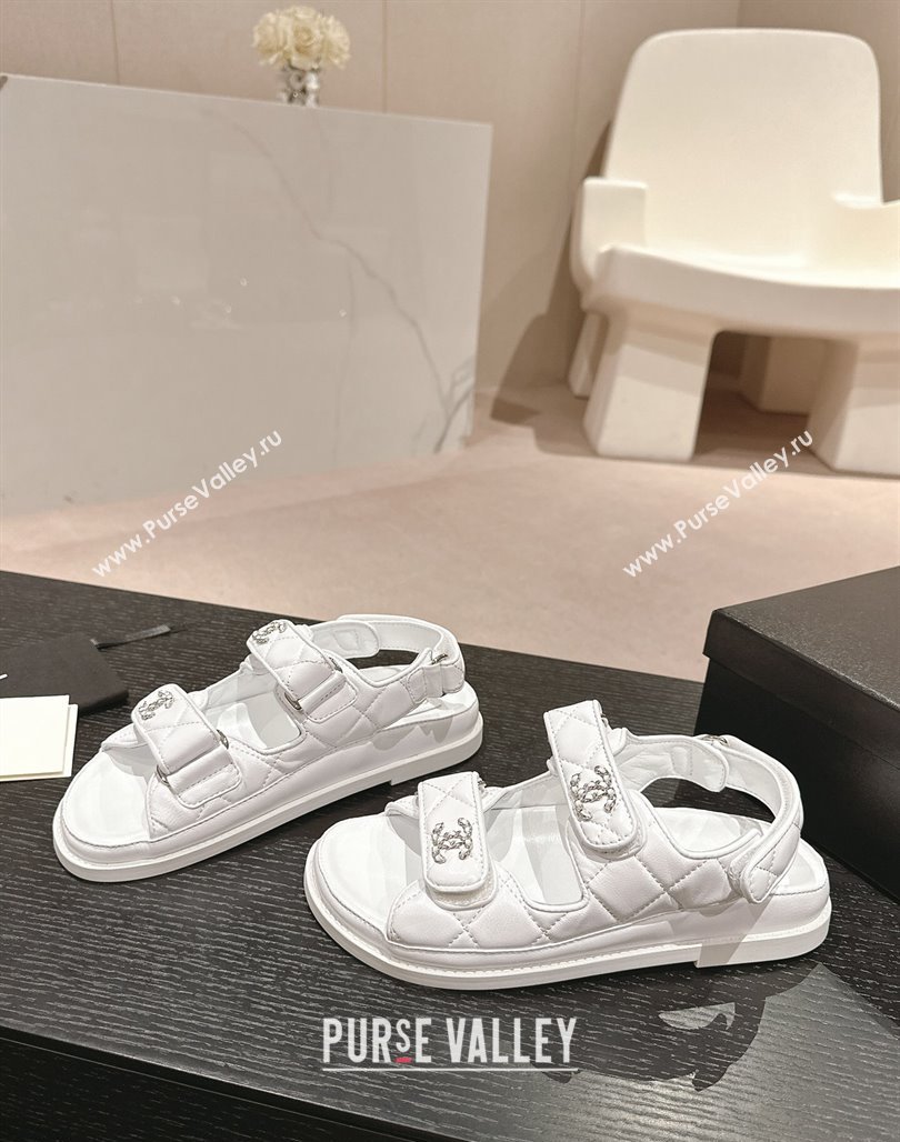 Chanel Quilted Lambskin Strap Flat Sandals with Chain CC Optic White 2024 0601 (MD-240601029)