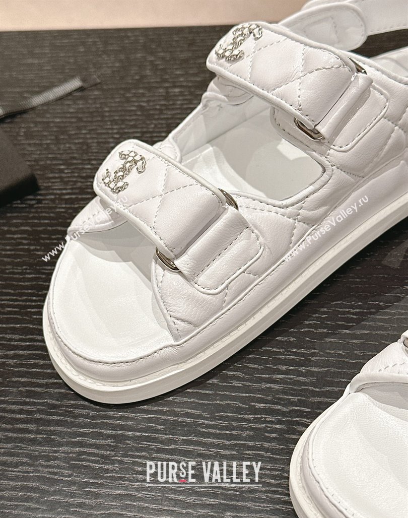 Chanel Quilted Lambskin Strap Flat Sandals with Chain CC Optic White 2024 0601 (MD-240601029)