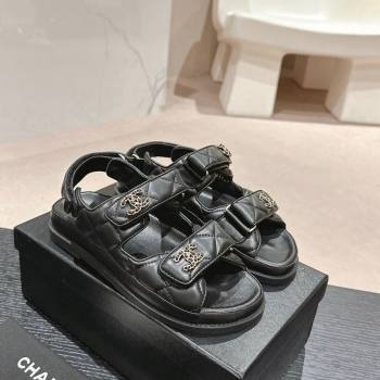 Chanel Quilted Lambskin Strap Flat Sandals with Chain CC Black 2024 0601 (MD-240601032)