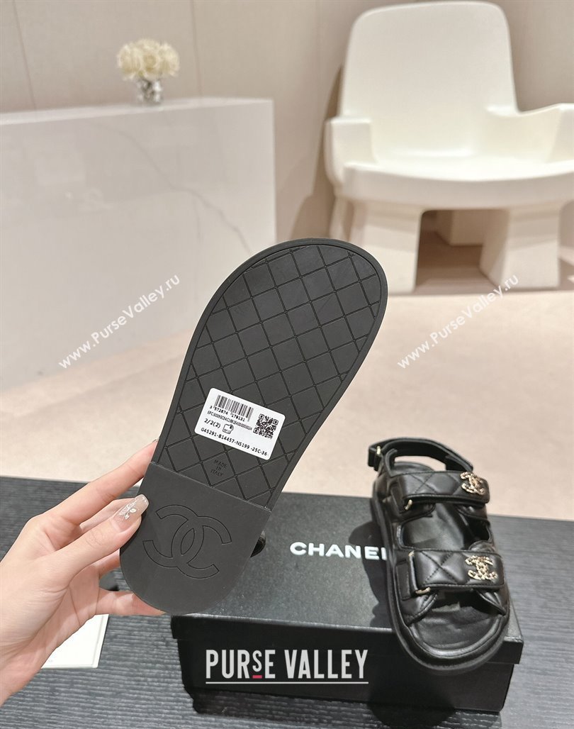 Chanel Quilted Lambskin Strap Flat Sandals with Chain CC Black 2024 0601 (MD-240601032)