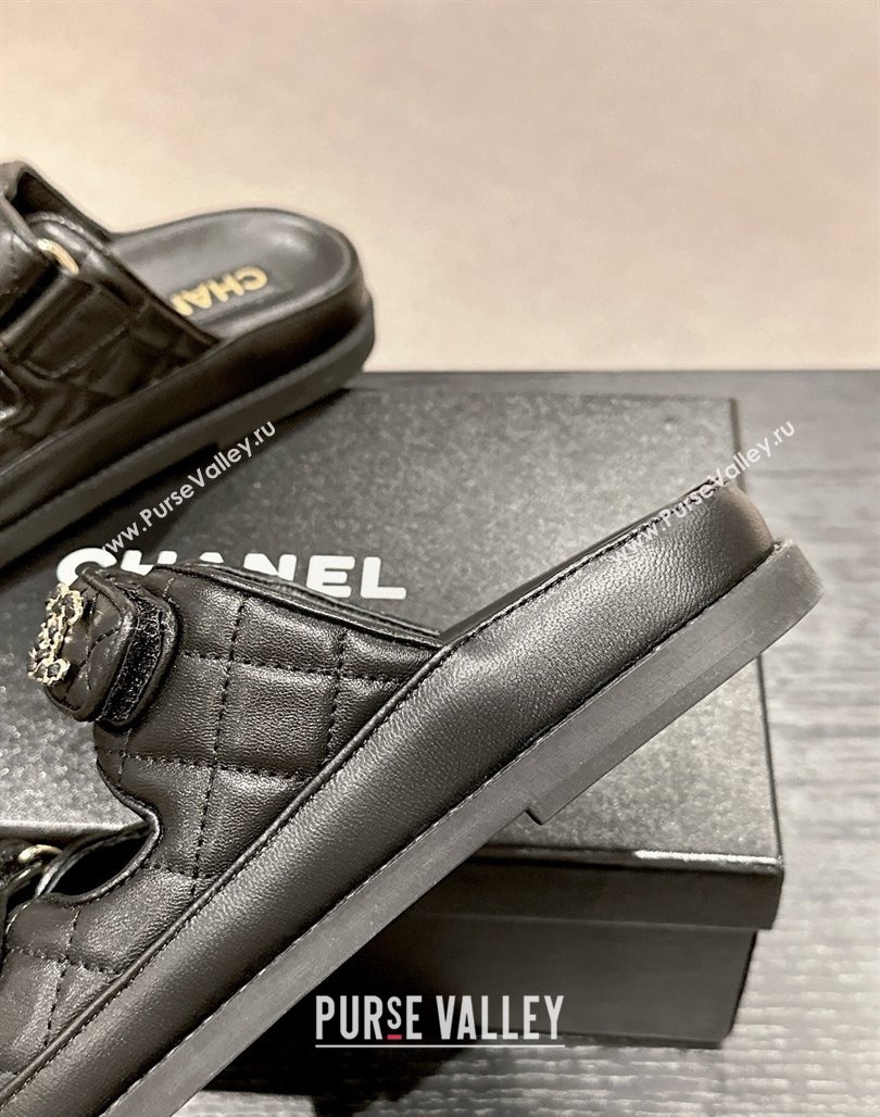 Chanel Quilted Lambskin Strap Flat Slides Sandal with Chain CC Black 2024 0601 (MD-240601037)