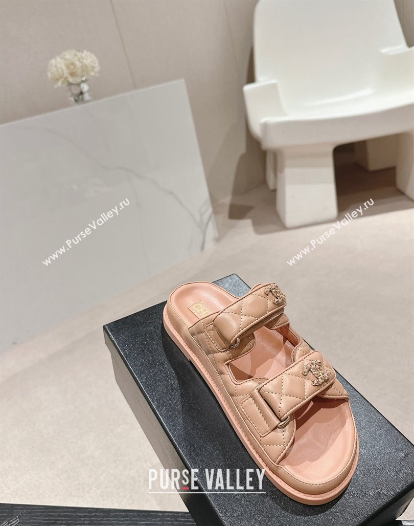 Chanel Quilted Lambskin Strap Flat Slides Sandal with Chain CC Dark Beige 2024 0601 (MD-240601038)