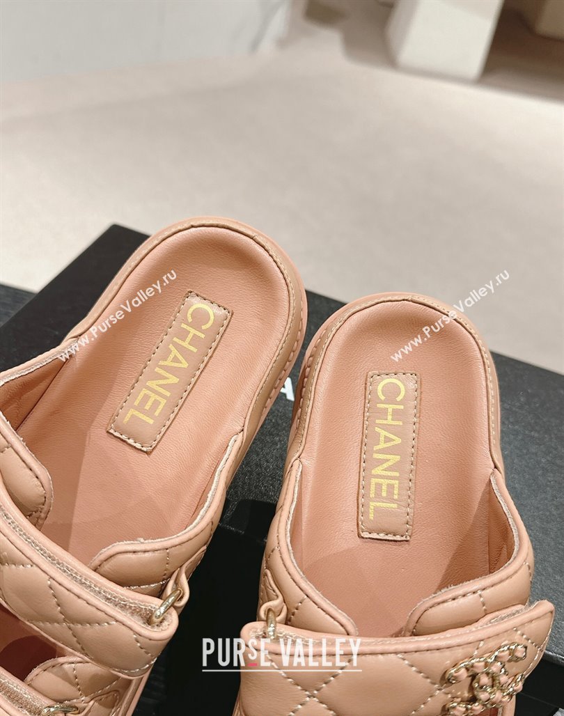 Chanel Quilted Lambskin Strap Flat Slides Sandal with Chain CC Dark Beige 2024 0601 (MD-240601038)