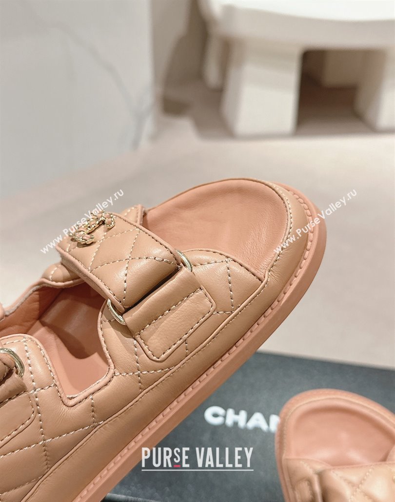 Chanel Quilted Lambskin Strap Flat Slides Sandal with Chain CC Dark Beige 2024 0601 (MD-240601038)