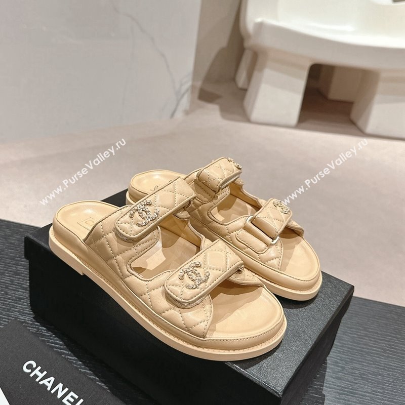 Chanel Quilted Lambskin Strap Flat Slides Sandal with Chain CC Beige 2 2024 0601 (MD-240601040)