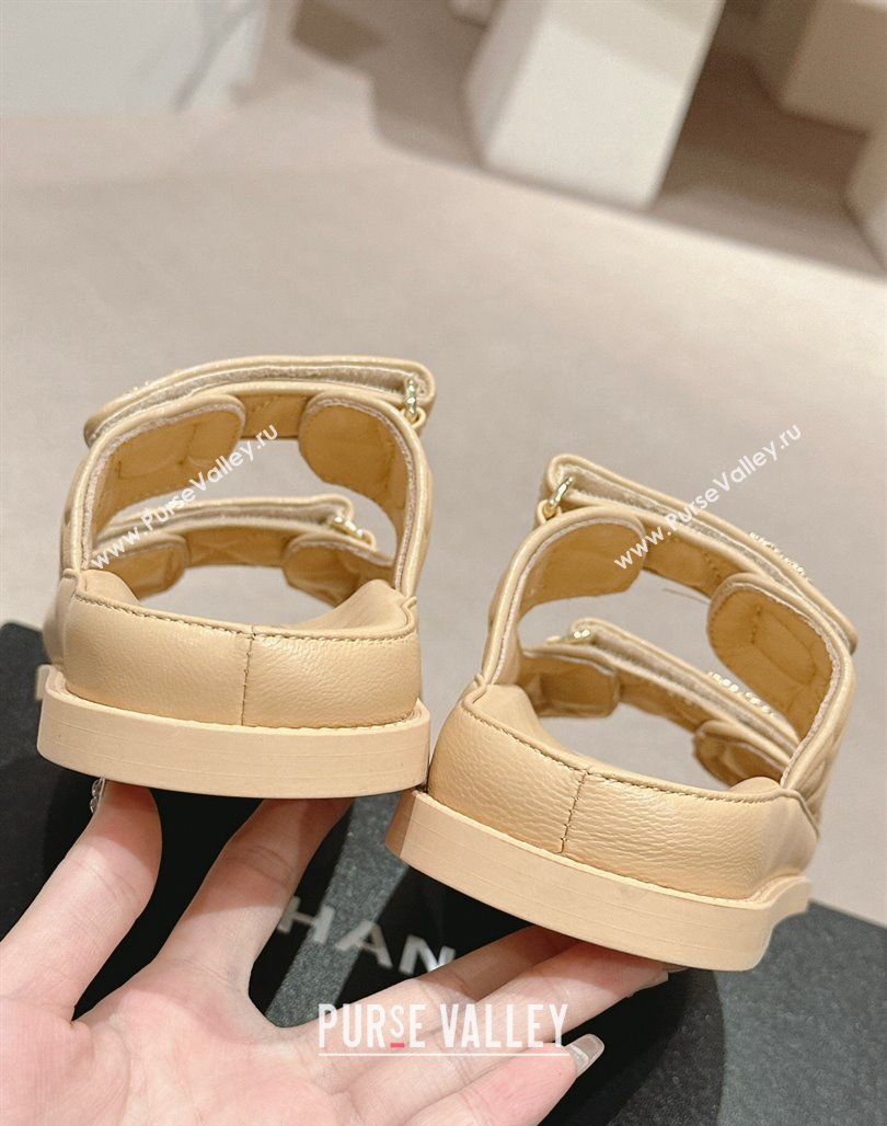 Chanel Quilted Lambskin Strap Flat Slides Sandal with Chain CC Beige 2 2024 0601 (MD-240601040)