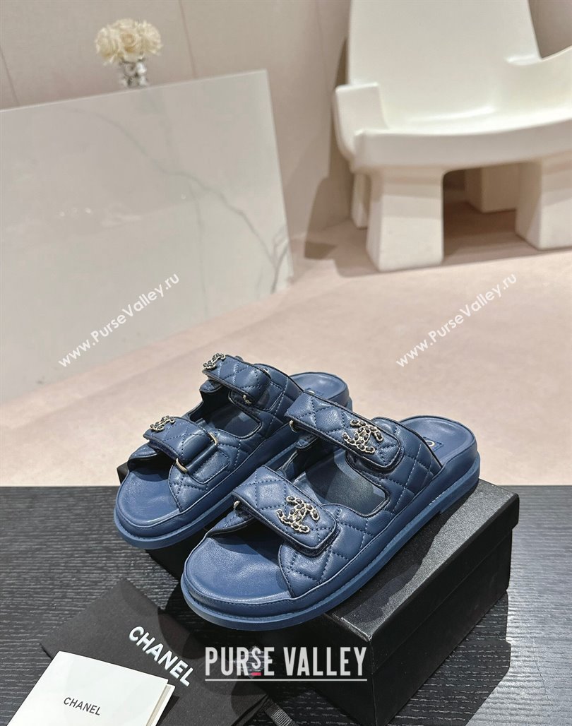 Chanel Quilted Lambskin Strap Flat Slides Sandal with Chain CC Navy Blue 2024 0601 (MD-240601042)