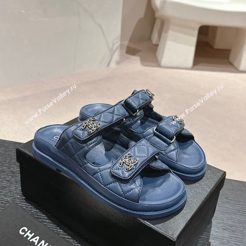 Chanel Quilted Lambskin Strap Flat Slides Sandal with Chain CC Navy Blue 2024 0601 (MD-240601042)