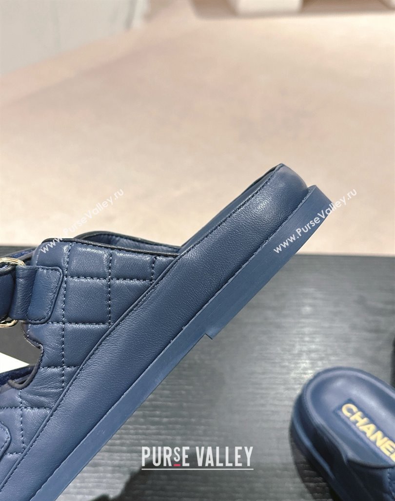 Chanel Quilted Lambskin Strap Flat Slides Sandal with Chain CC Navy Blue 2024 0601 (MD-240601042)