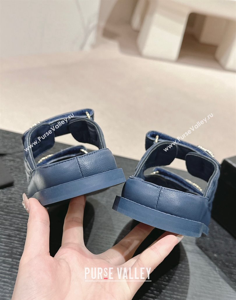 Chanel Quilted Lambskin Strap Flat Slides Sandal with Chain CC Navy Blue 2024 0601 (MD-240601042)