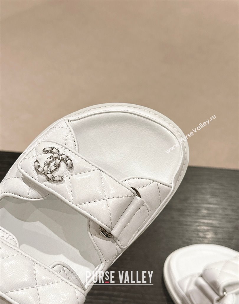 Chanel Quilted Lambskin Strap Flat Slides Sandal with Chain CC Optic White 2024 0601 (MD-240601046)