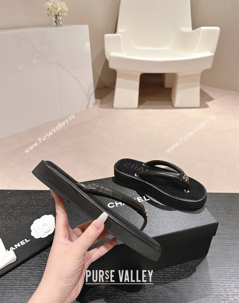 Chanel Lambskin Thong Flat Slides Sandal with CC Patch Black 2024 0601 (MD-240601050)