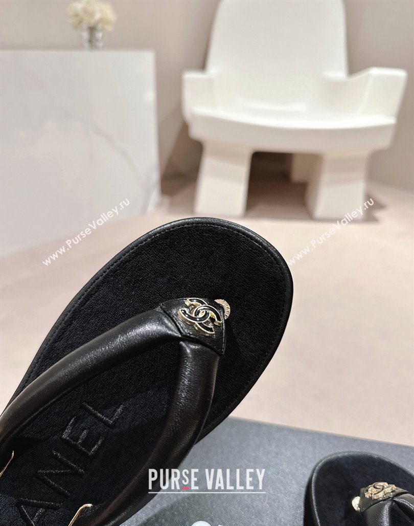 Chanel Lambskin Thong Flat Slides Sandal with CC Patch Black 2024 0601 (MD-240601050)