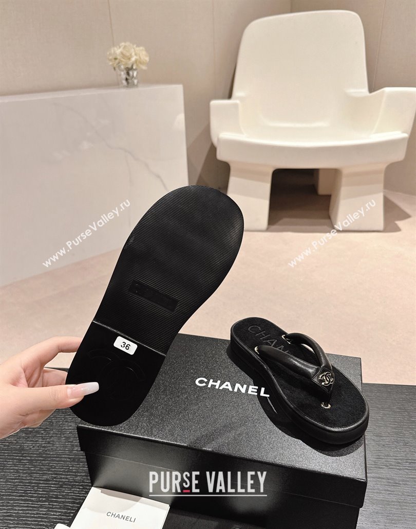 Chanel Lambskin Thong Flat Slides Sandal with CC Patch Black 2024 0601 (MD-240601050)