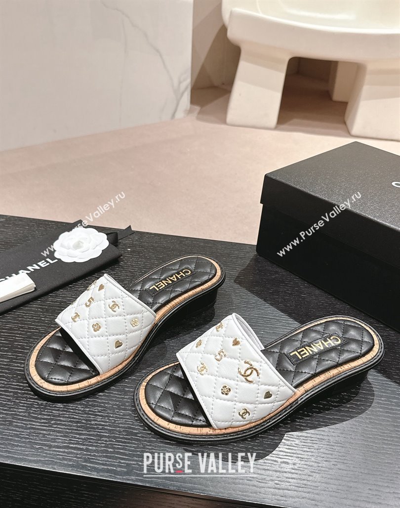 Chanel Lambskin Heel Slides Sandal 4cm with Logo Charm White 2024 0601 (MD-240601052)