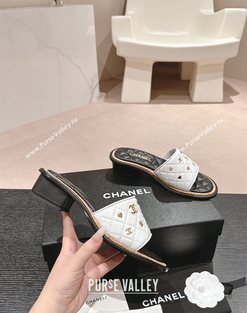 Chanel Lambskin Heel Slides Sandal 4cm with Logo Charm White 2024 0601 (MD-240601052)