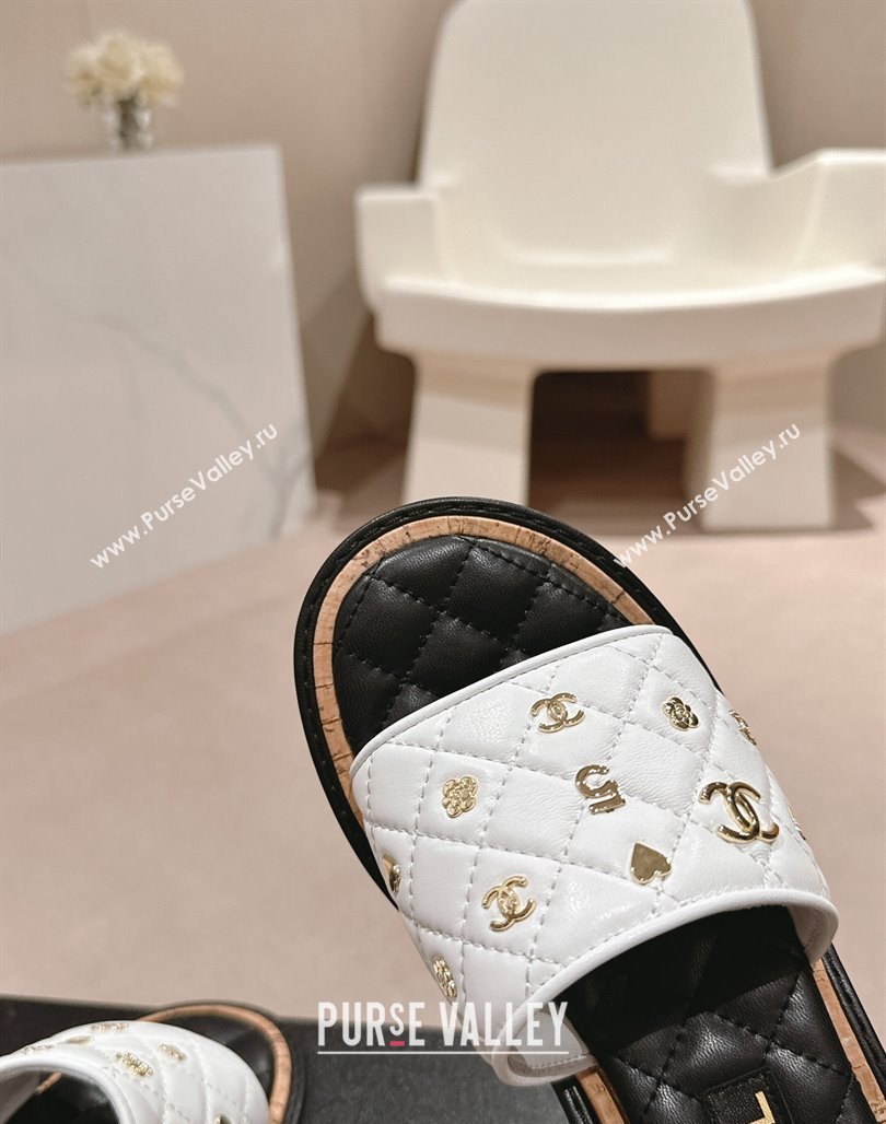 Chanel Lambskin Heel Slides Sandal 4cm with Logo Charm White 2024 0601 (MD-240601052)