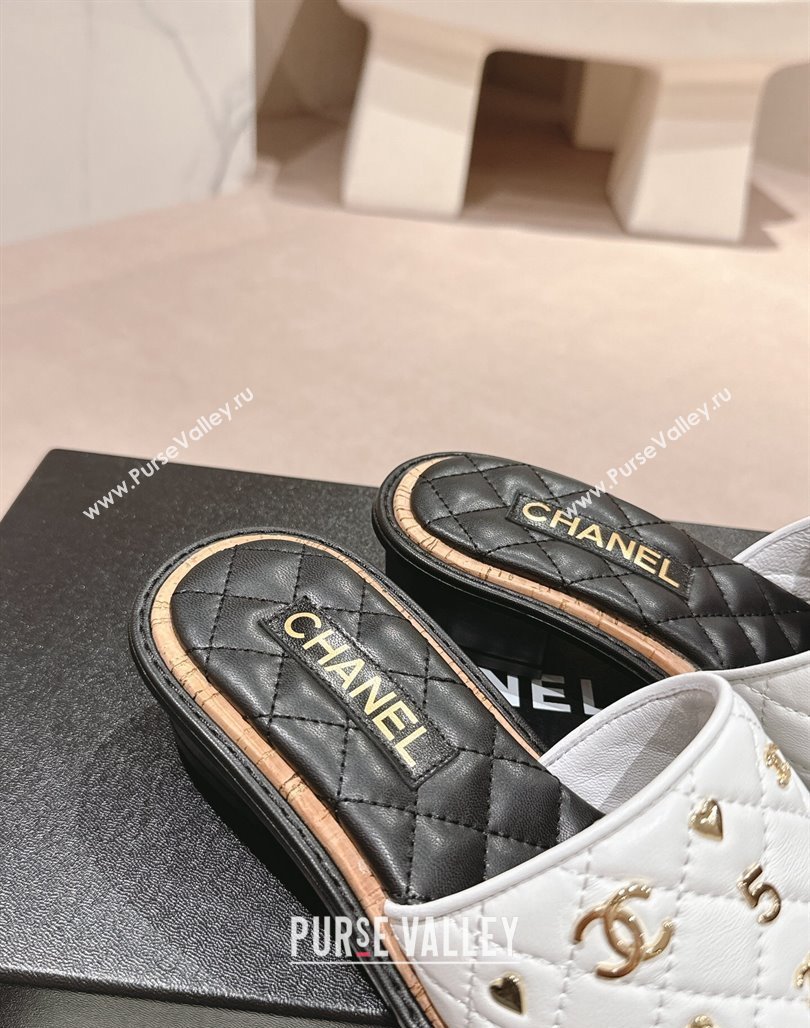 Chanel Lambskin Heel Slides Sandal 4cm with Logo Charm White 2024 0601 (MD-240601052)