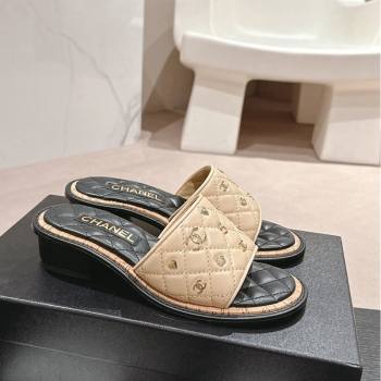 Chanel Lambskin Heel Slides Sandal 4cm with Logo Charm Beige 2024 0601 (MD-240601053)