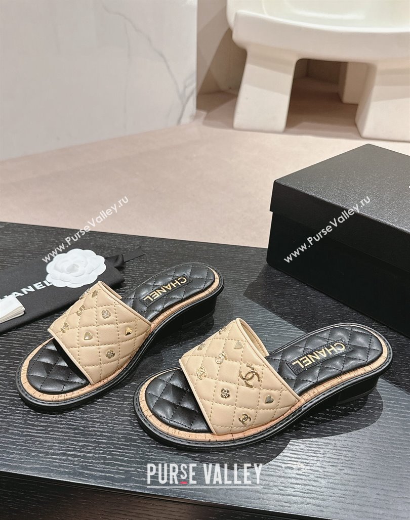 Chanel Lambskin Heel Slides Sandal 4cm with Logo Charm Beige 2024 0601 (MD-240601053)