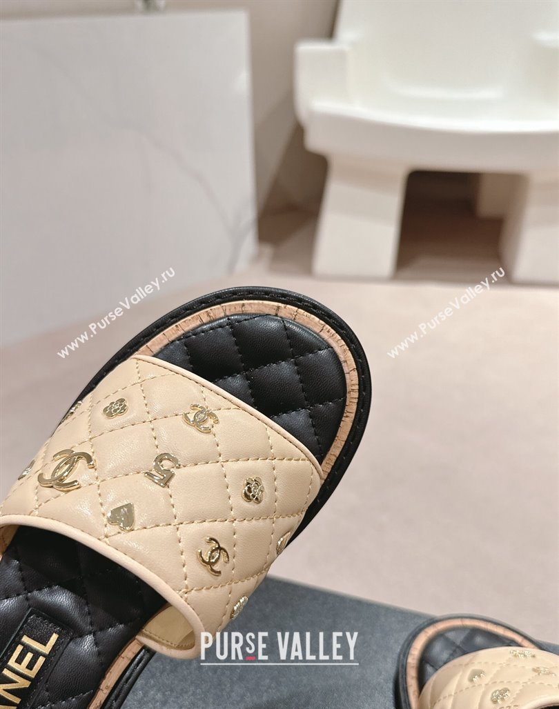 Chanel Lambskin Heel Slides Sandal 4cm with Logo Charm Beige 2024 0601 (MD-240601053)