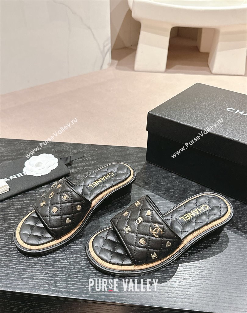 Chanel Lambskin Heel Slides Sandal 4cm with Logo Charm Black 2024 0601 (MD-240601054)