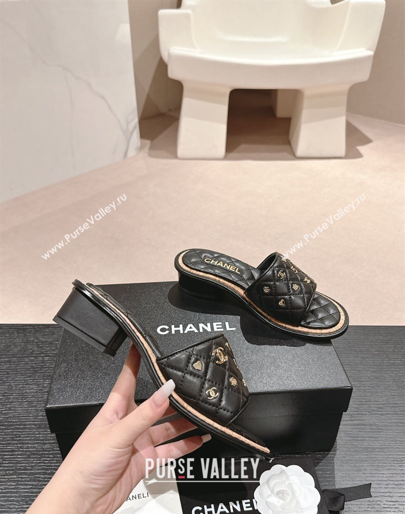 Chanel Lambskin Heel Slides Sandal 4cm with Logo Charm Black 2024 0601 (MD-240601054)