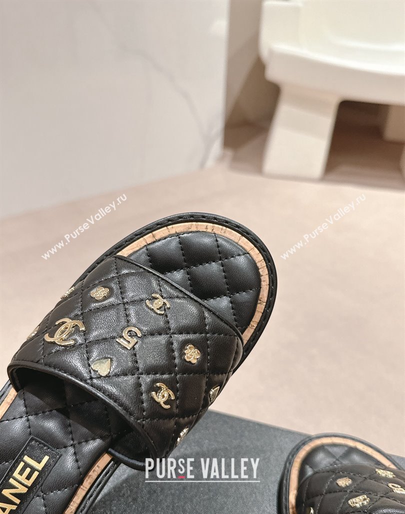 Chanel Lambskin Heel Slides Sandal 4cm with Logo Charm Black 2024 0601 (MD-240601054)