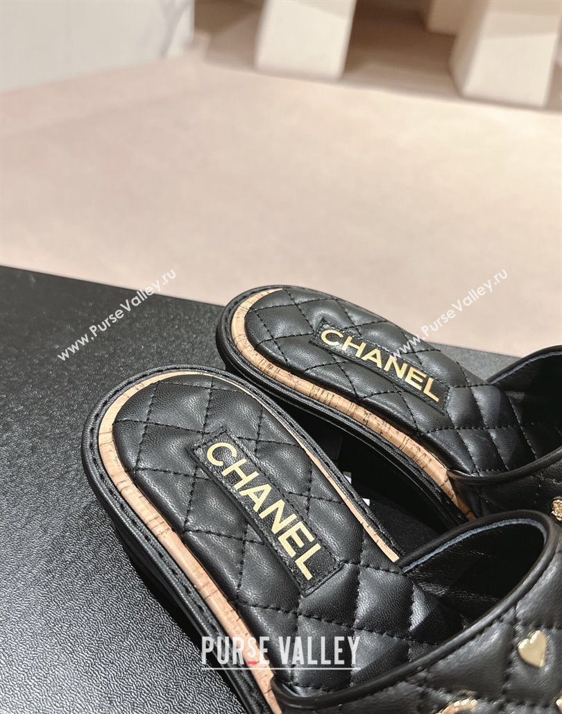 Chanel Lambskin Heel Slides Sandal 4cm with Logo Charm Black 2024 0601 (MD-240601054)