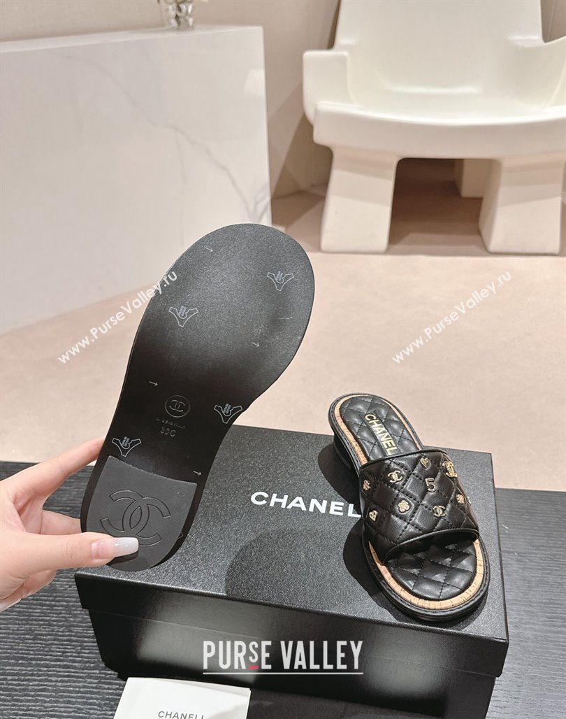 Chanel Lambskin Heel Slides Sandal 4cm with Logo Charm Black 2024 0601 (MD-240601054)