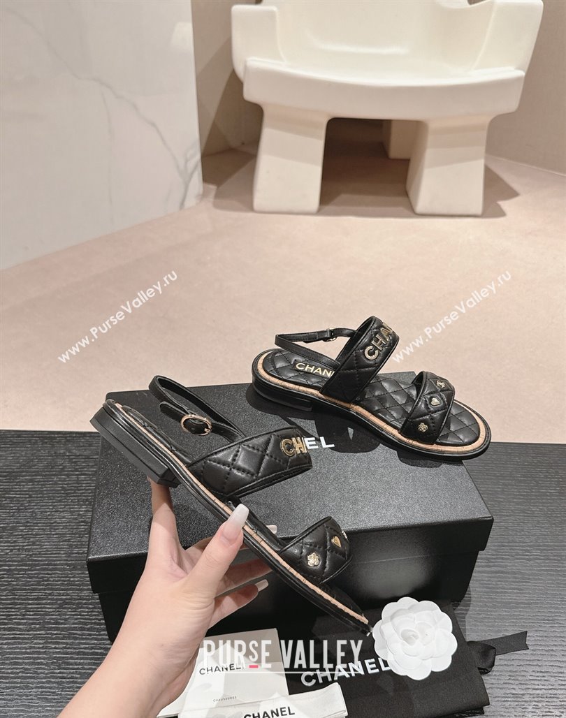 Chanel Lambskin Slingback Flat Sandals with Logo Charm Black 2024 0601 (MD-240601055)