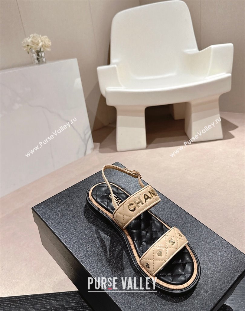 Chanel Lambskin Slingback Flat Sandals with Logo Charm Beige 2024 0601 (MD-240601057)