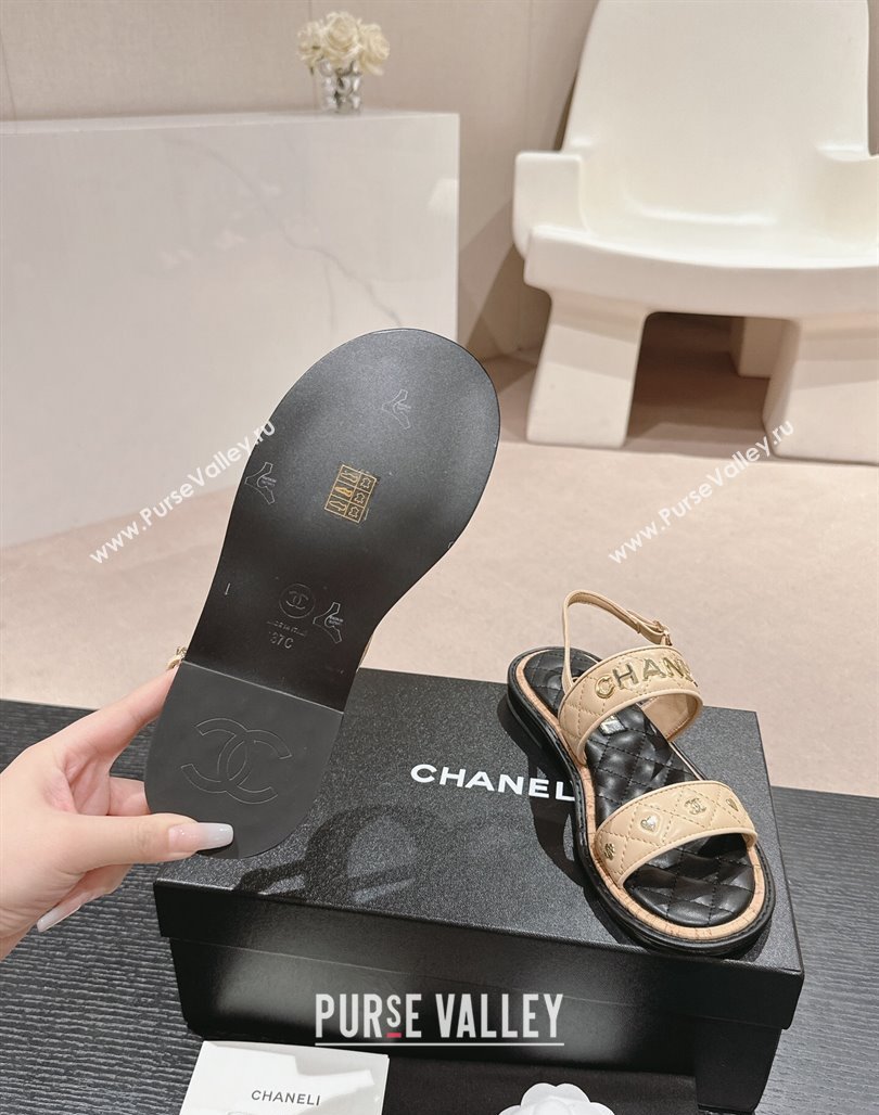 Chanel Lambskin Slingback Flat Sandals with Logo Charm Beige 2024 0601 (MD-240601057)