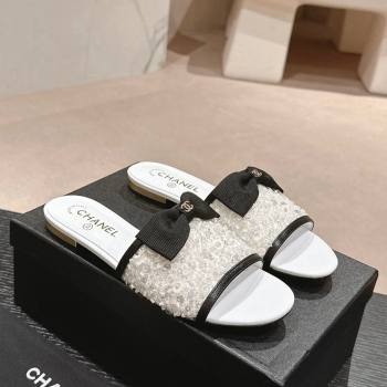 Chanel Strass and Sequins Flat Slides Sandal with Bow G45691 White 2024 0601 (MD-240601064)