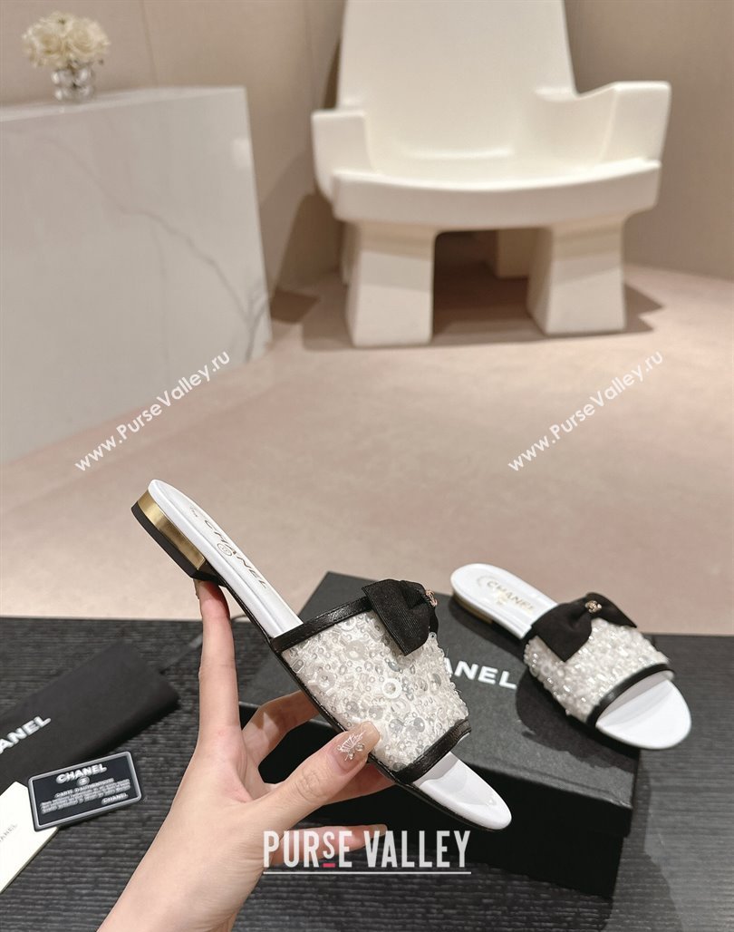 Chanel Strass and Sequins Flat Slides Sandal with Bow G45691 White 2024 0601 (MD-240601064)