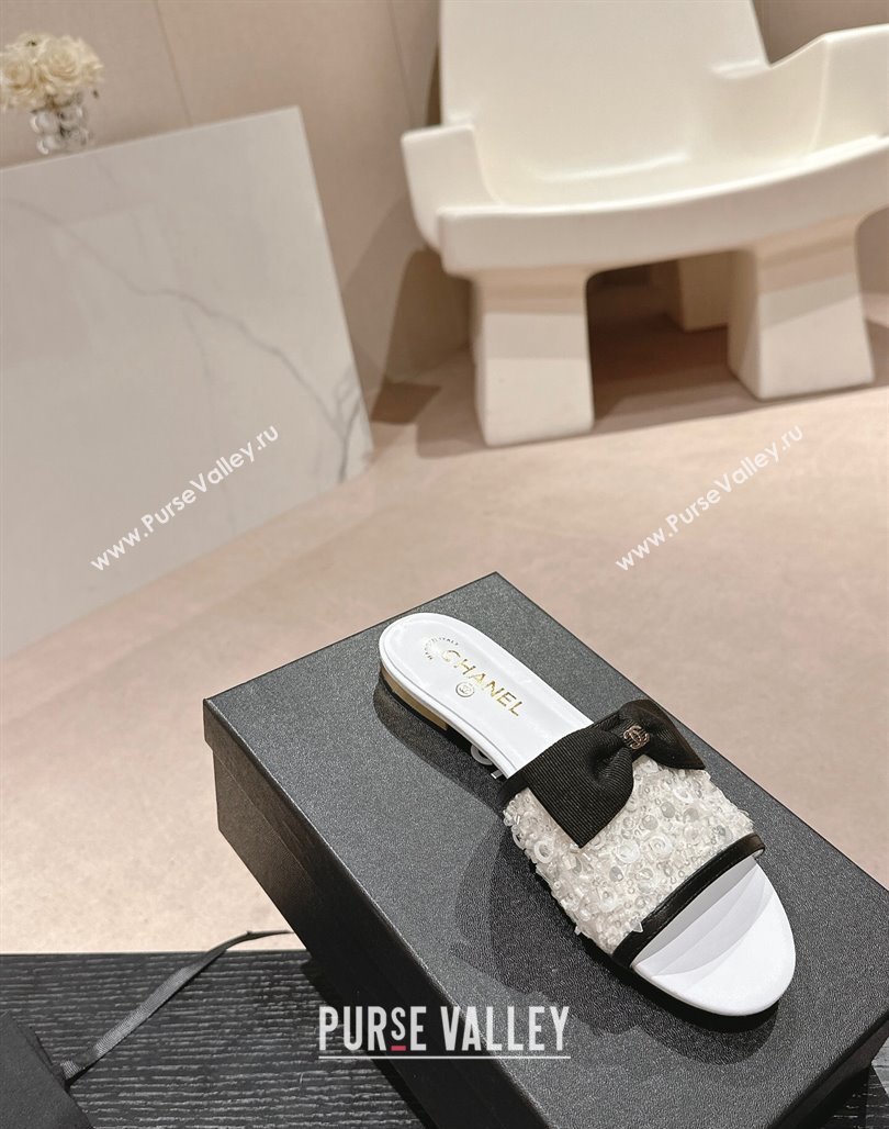 Chanel Strass and Sequins Flat Slides Sandal with Bow G45691 White 2024 0601 (MD-240601064)