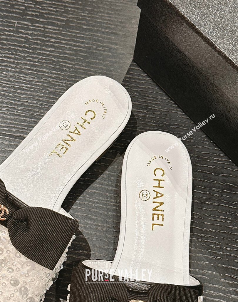 Chanel Strass and Sequins Flat Slides Sandal with Bow G45691 White 2024 0601 (MD-240601064)