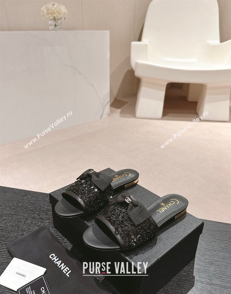 Chanel Strass and Sequins Flat Slides Sandal with Bow G45691 Black 2024 0601 (MD-240601065)