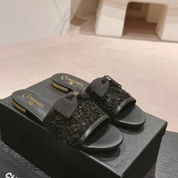 Chanel Strass and Sequins Flat Slides Sandal with Bow G45691 Black 2024 0601 (MD-240601065)
