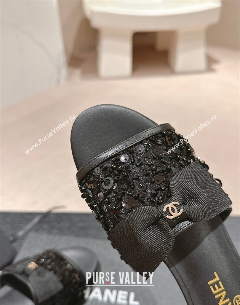 Chanel Strass and Sequins Flat Slides Sandal with Bow G45691 Black 2024 0601 (MD-240601065)