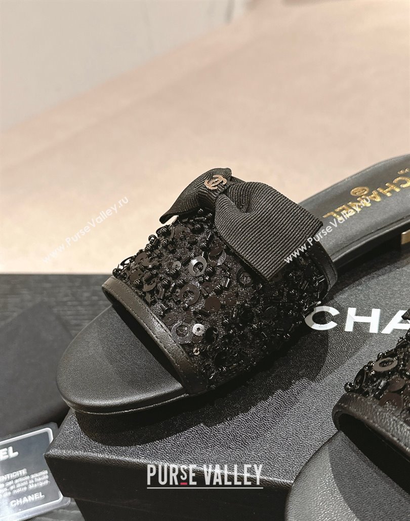 Chanel Strass and Sequins Flat Slides Sandal with Bow G45691 Black 2024 0601 (MD-240601065)