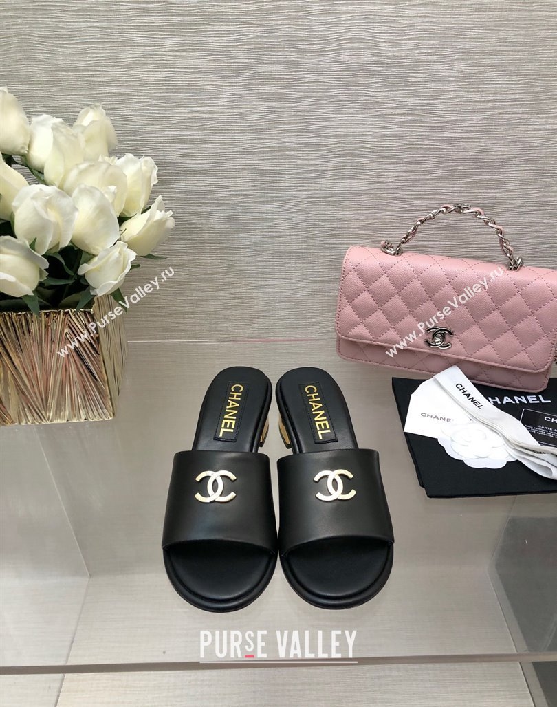 Chanel Calfskin Slides Sandal 5cm with Gold-Tone Heel Black 2024 0126 (SS-240601077)