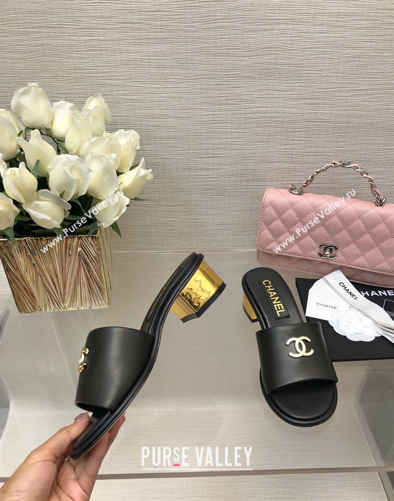 Chanel Calfskin Slides Sandal 5cm with Gold-Tone Heel Black 2024 0126 (SS-240601077)