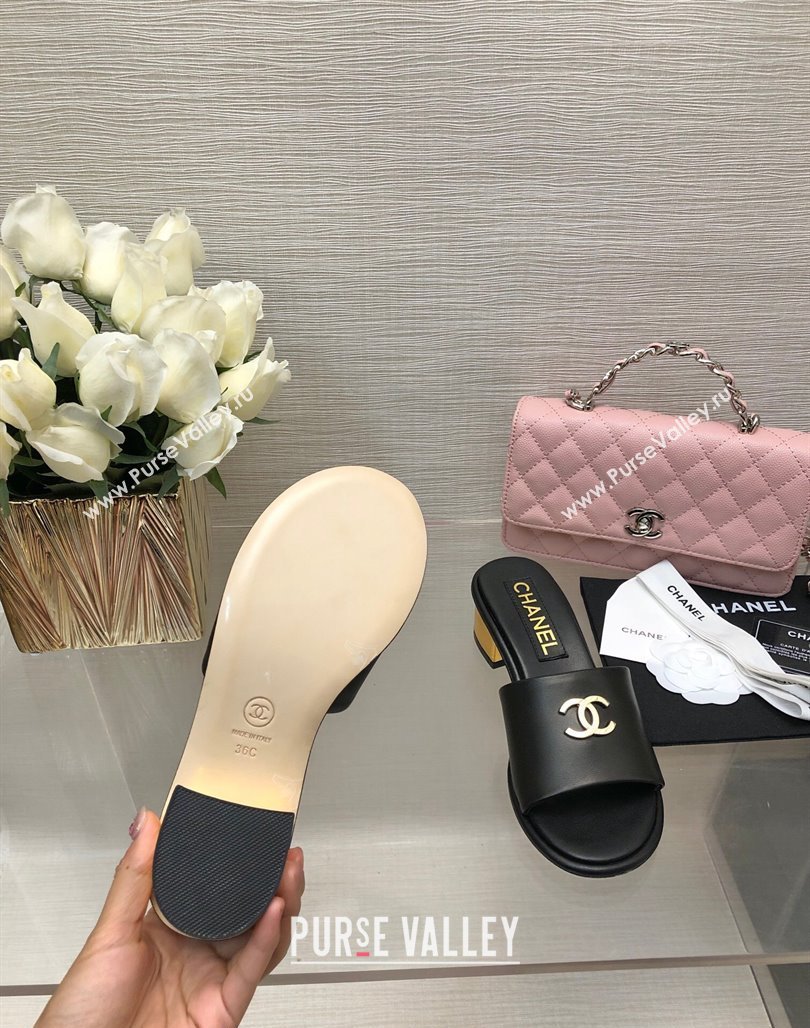 Chanel Calfskin Slides Sandal 5cm with Gold-Tone Heel Black 2024 0126 (SS-240601077)