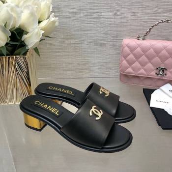 Chanel Calfskin Slides Sandal 5cm with Gold-Tone Heel Black 2024 0126 (SS-240601077)