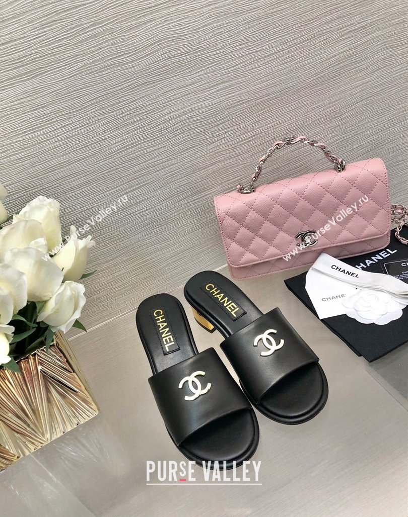 Chanel Calfskin Slides Sandal 5cm with Gold-Tone Heel Black 2024 0126 (SS-240601077)