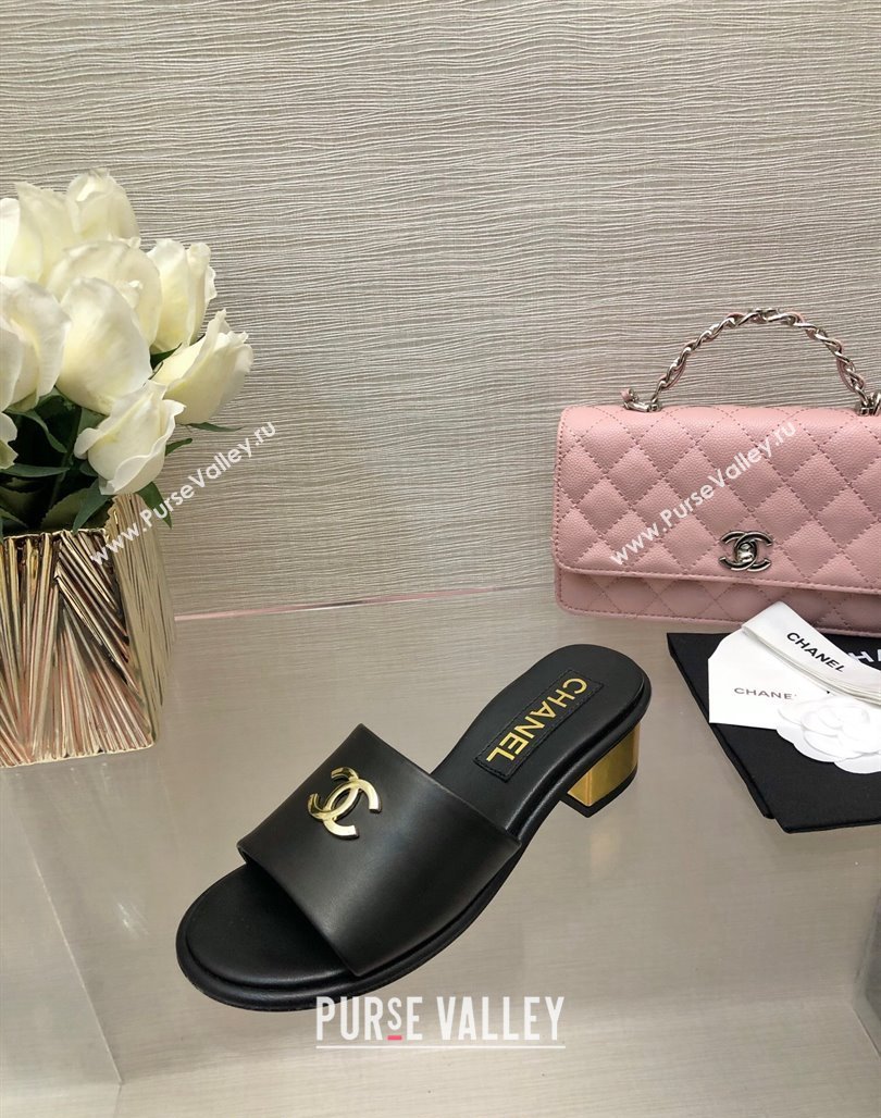 Chanel Calfskin Slides Sandal 5cm with Gold-Tone Heel Black 2024 0126 (SS-240601077)