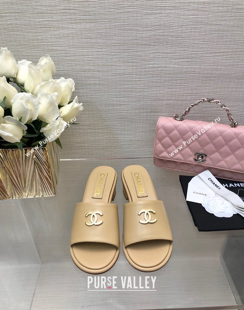 Chanel Calfskin Slides Sandal 5cm with Gold-Tone Heel Beige 2024 0126 (SS-240601078)