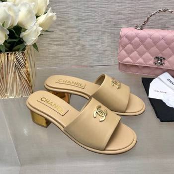 Chanel Calfskin Slides Sandal 5cm with Gold-Tone Heel Beige 2024 0126 (SS-240601078)